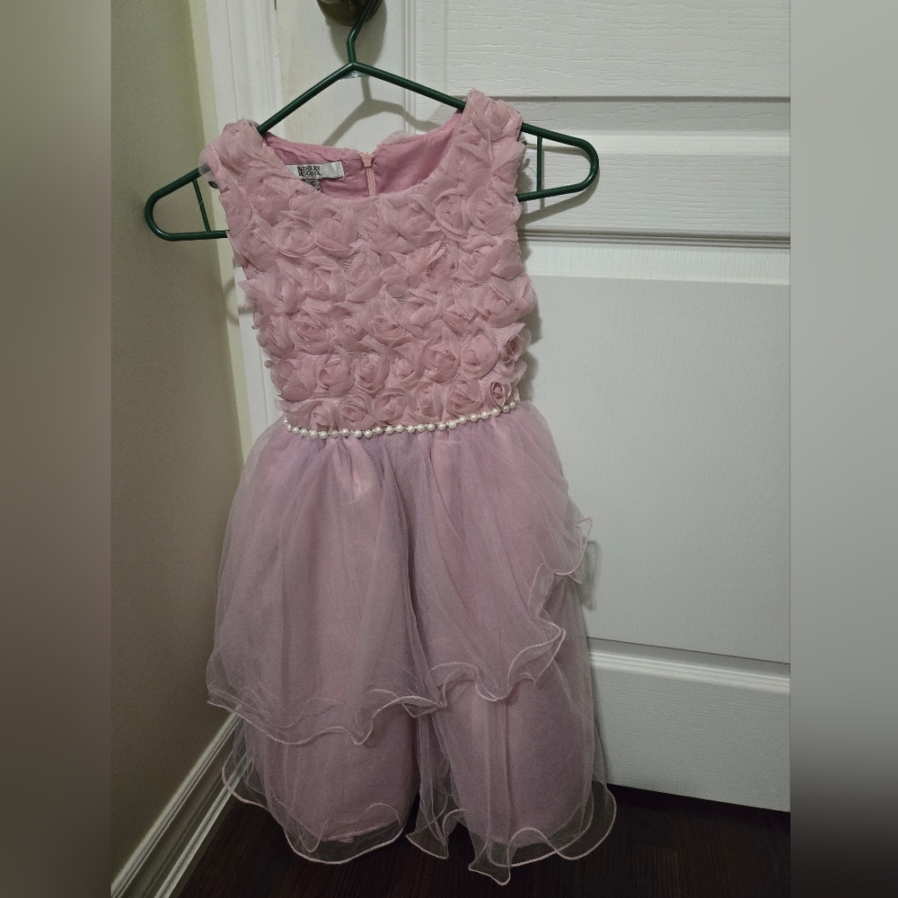 Badgley Mischka Pink Floral Dress with Pearl Detail And Rosettes